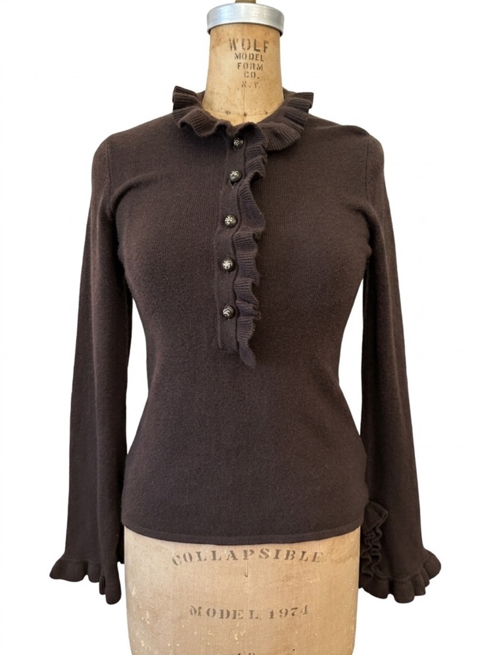 Tory Burch 100% Cashmere Brown Ruffle Button Sweater Sz XS Y2K Bell Sleeves